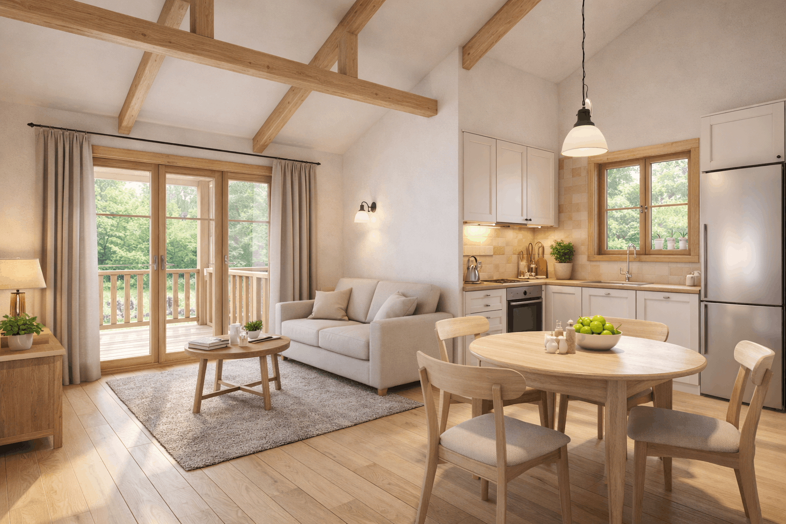 A cozy, modern living room and kitchen in an open floor plan with natural wood accents, a dining table with four chairs, a white sofa, sliding glass doors leading to a balcony, and kitchen cabinets and appliances.