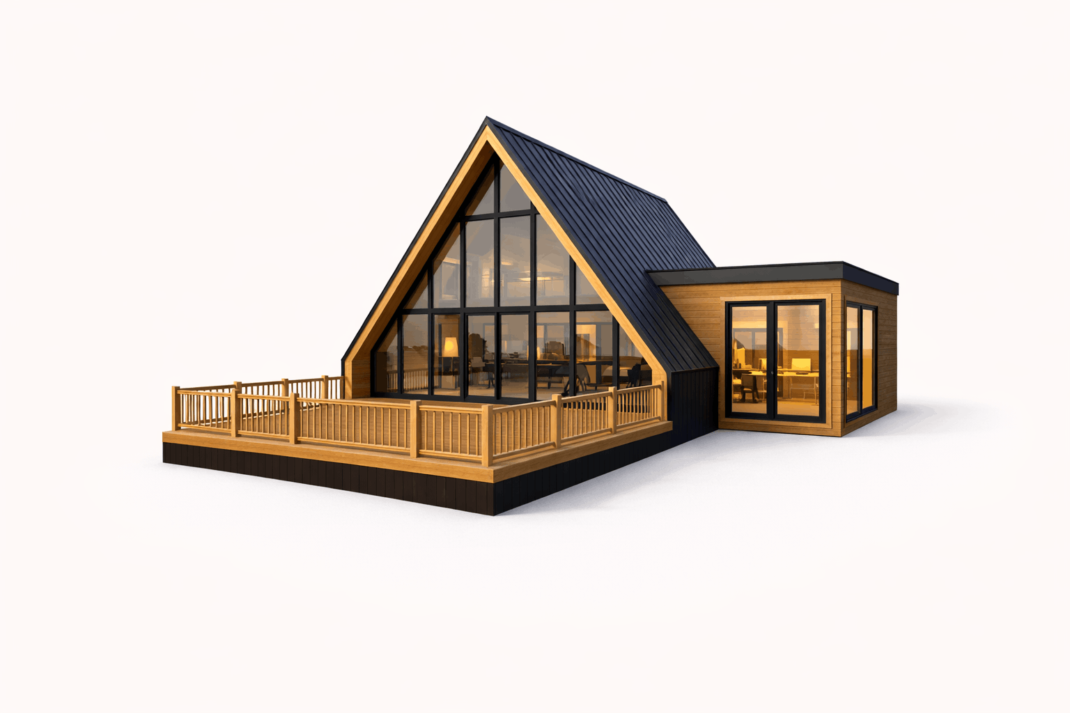 Modern house with large glass windows, wooden exterior, and a rooftop deck surrounded by a wooden railing.