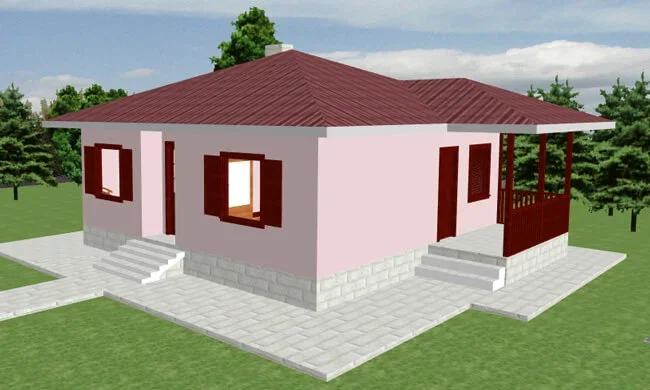 Digital illustration of a small pink house with a red roof, white steps, and a porch, surrounded by green landscaping and trees.