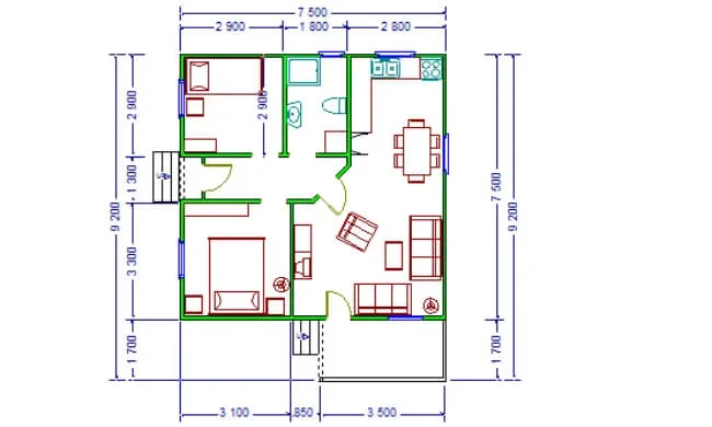 Floor plan of a house with various rooms, including a living room, kitchen, dining area, bedrooms, bathrooms, and exterior porch, with room dimensions labeled.