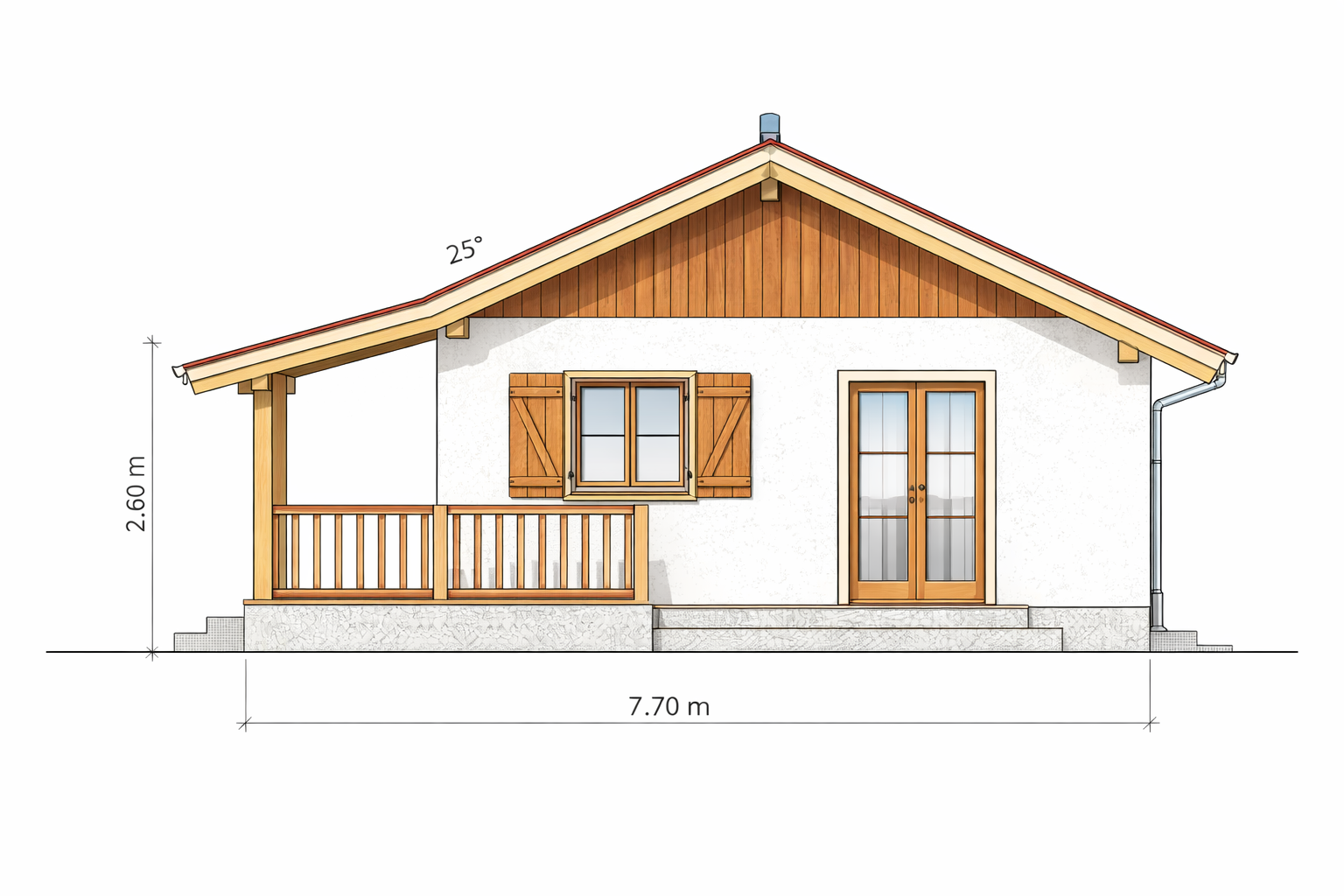 Front elevation of a house with a gable roof, wooden shutters, a balcony, and dimensions 7.70 meters wide and 2.60 meters tall, with white walls and wooden accents.
