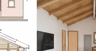 Interior of a room with a wooden vaulted ceiling, white walls, a flat-screen TV mounted on the wall, and a door with a louvered wooden panel.