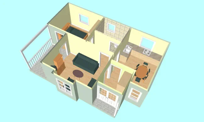 A 3D floor plan of a small apartment with a living room, kitchen, bedroom, bathroom, and balcony.