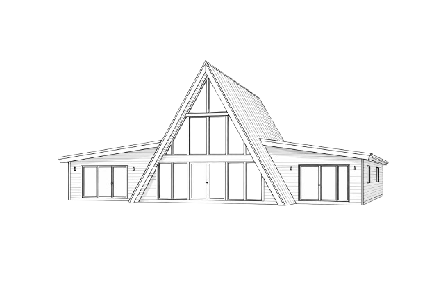 Drawing of a modern A-frame house with large front windows and side wings