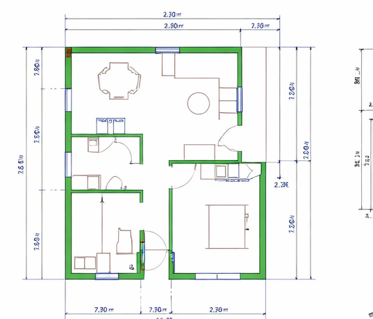 Floor plan of a house with dimensions, showing various rooms including a kitchen, living room, bedrooms, and bathroom, with walls, doors, and windows marked.