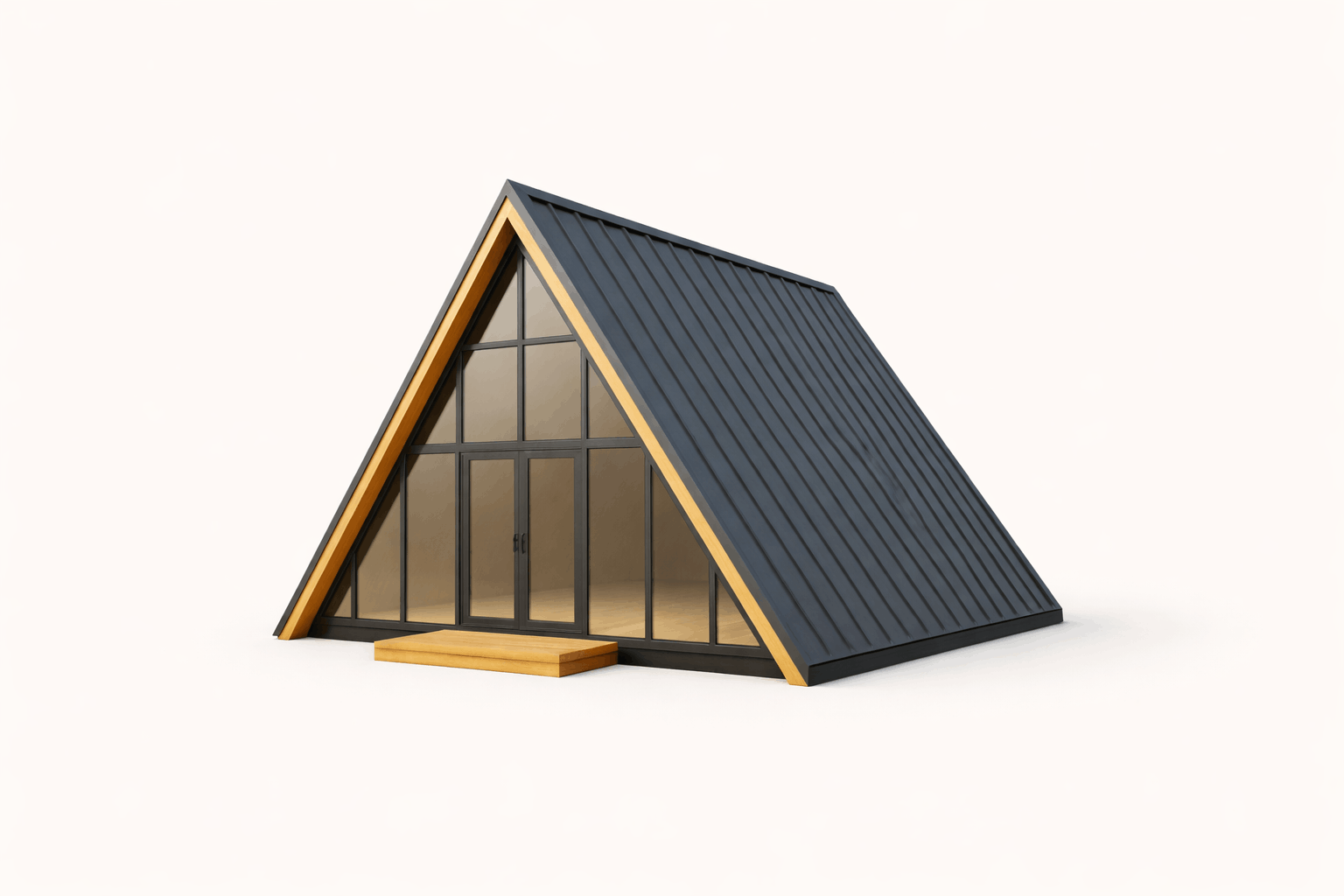 A modern A-frame cabin with black metal roofing, large glass front windows, and wooden accents, featuring a small wooden step at the entrance.