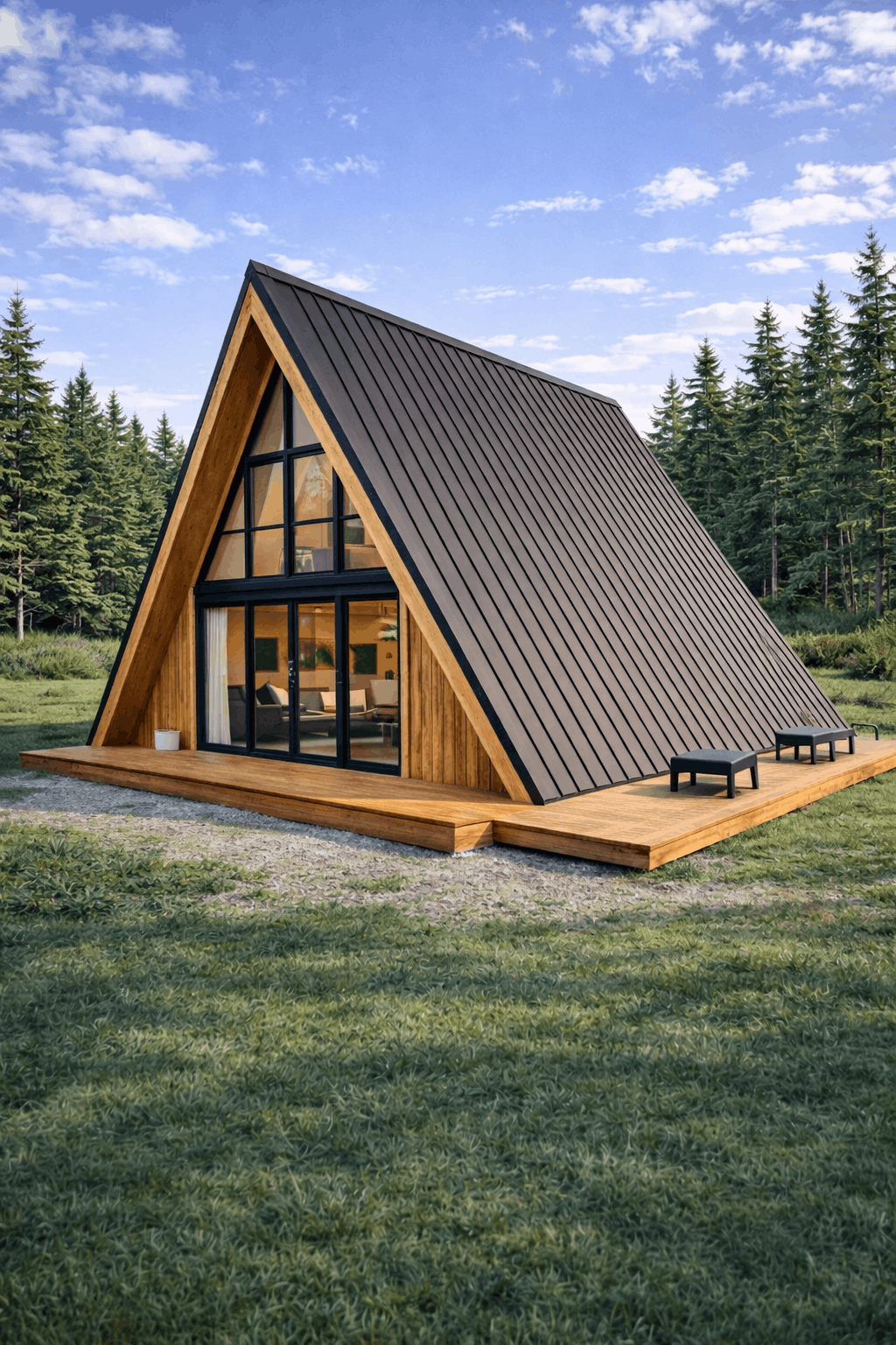 A modern A-frame house with large glass windows, wooden exterior, situated in a green forested area under a blue sky.