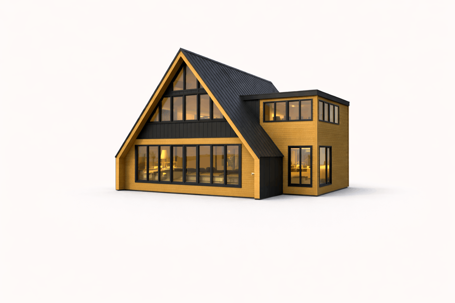 Modern two-story house with a steep black roof, large glass windows, and wood siding, lit from inside, isolated on a white background.