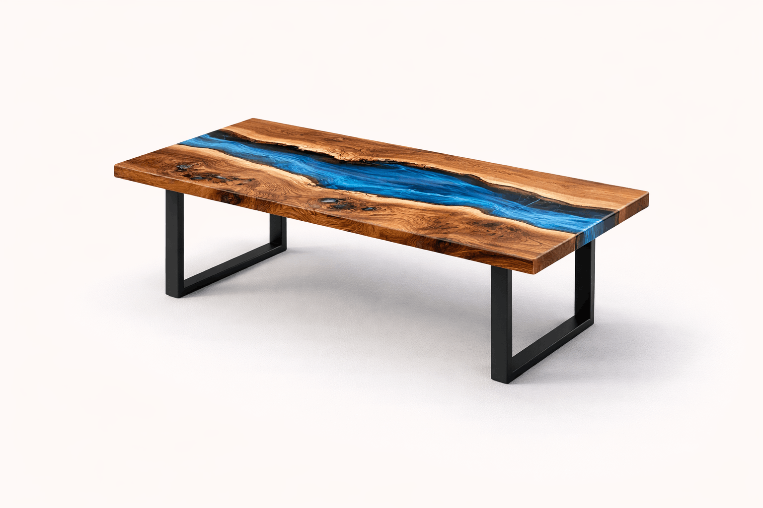Wooden coffee table with a blue resin river design and black metal legs.