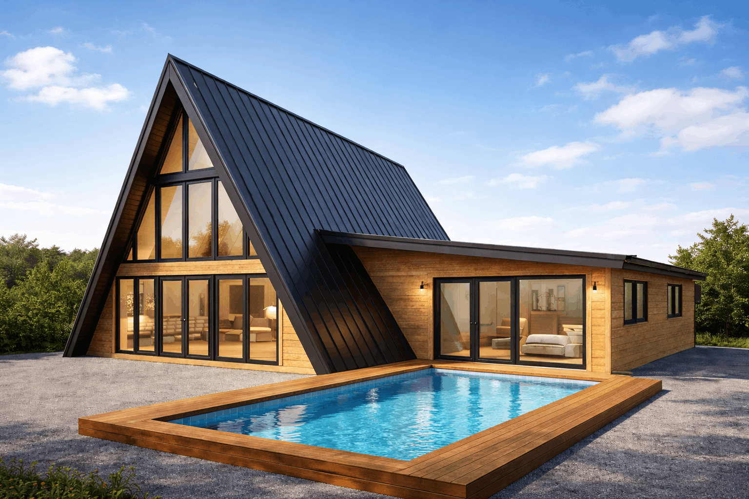 Modern house with a black metal roof, large glass windows, wooden exterior, outdoor pool, and gravel yard, surrounded by greenery and blue sky.