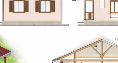 Architectural drawing of a building's exterior and roof structure.