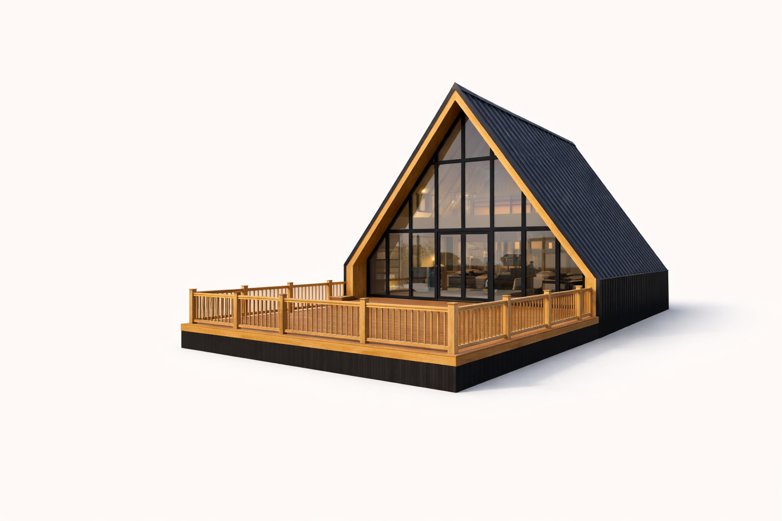 Modern A-frame cabin with large glass windows, black roof, and wooden deck railing.