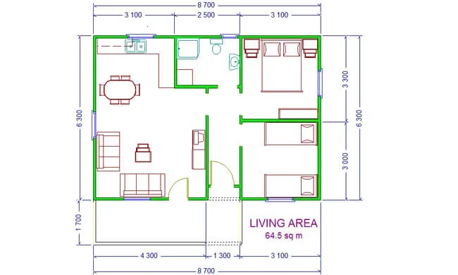 Floor plan of a house showing a living area, dining area, kitchen, bedroom, and bathroom. The house layout includes measurements and labels for different rooms and spaces.