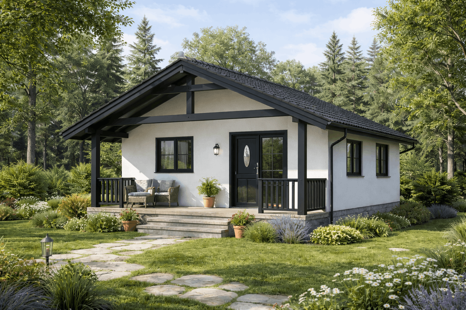 A small house with a front porch, black trim, and a dark roof, surrounded by a lush garden and tall trees in the background.