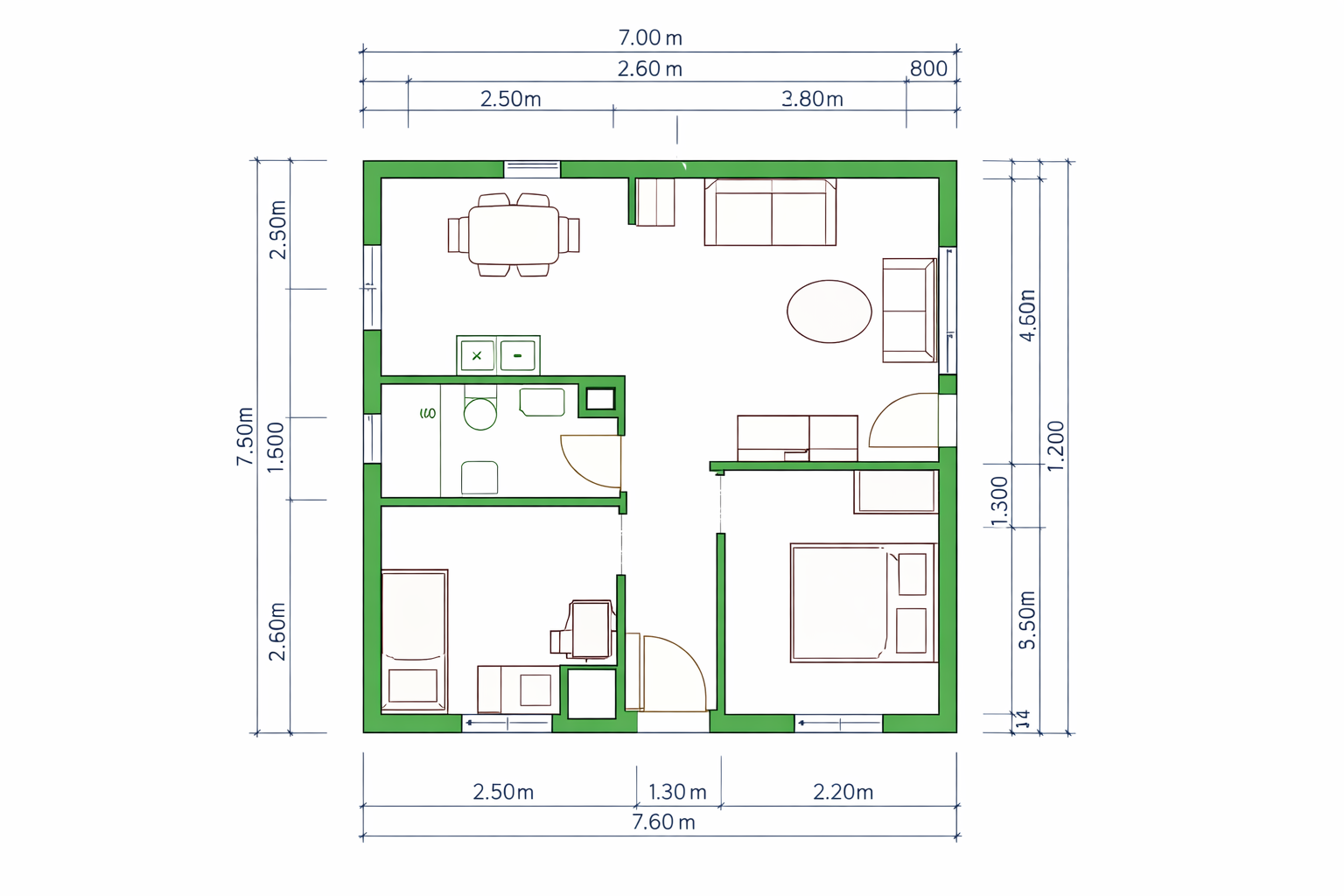 Floor plan of a small house with two bedrooms, a bathroom, and an open living and dining area. The house has green exterior walls, with furniture including beds, sofas, a dining table, and kitchen appliances.