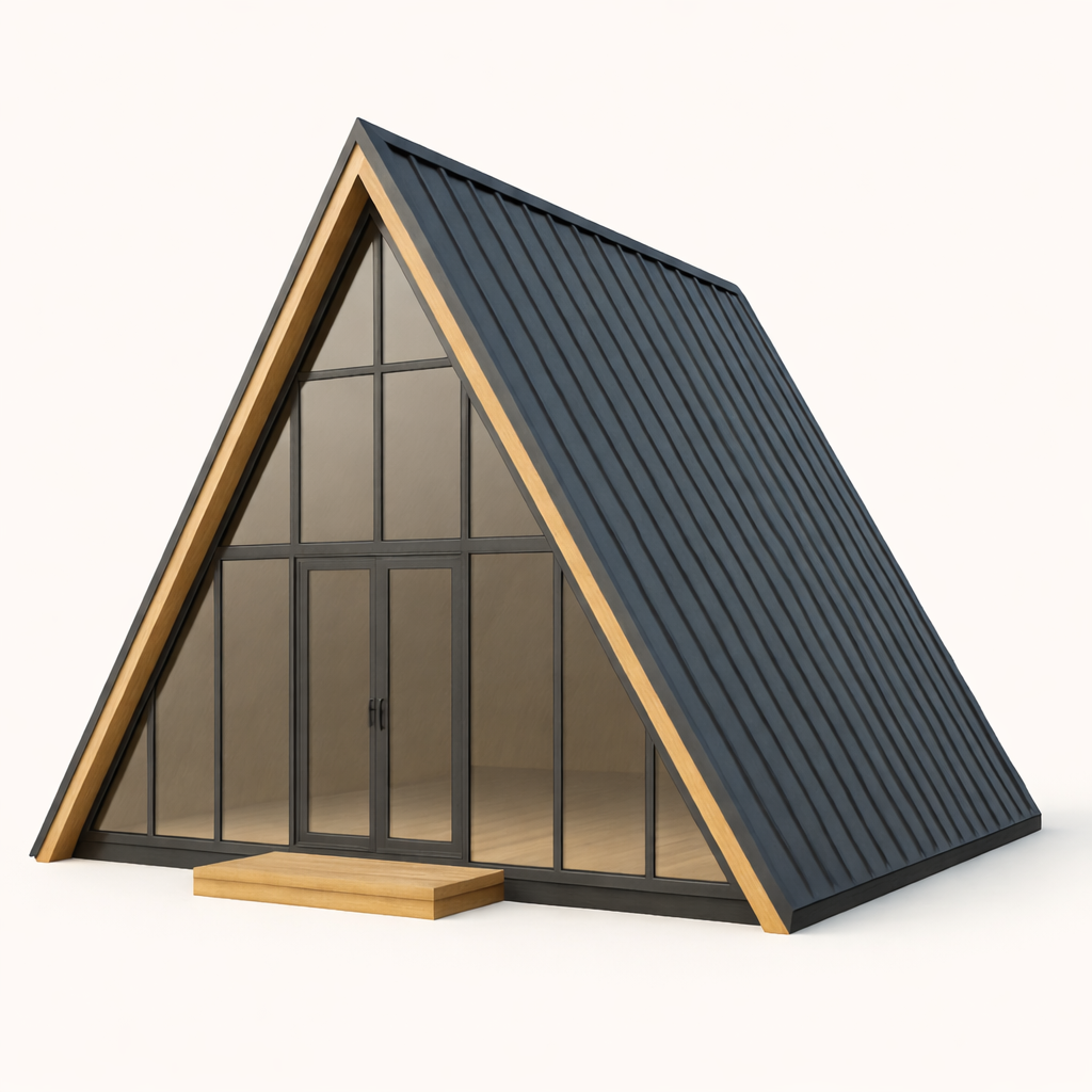 A modern A-frame tiny house with black metal roof, large glass front, and wooden accents.