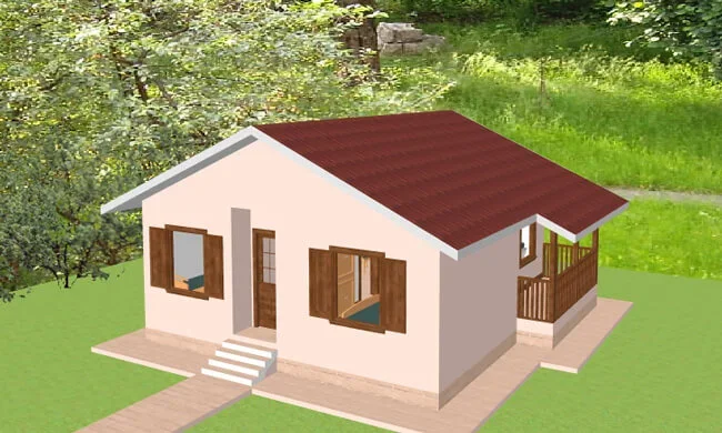 A small white house with wooden shutters and a red gable roof, surrounded by green grass and trees.