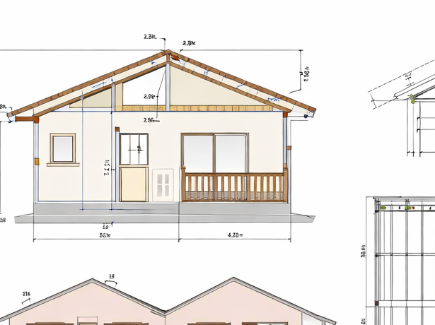 Architectural blueprint of a house showing front and side elevations, roof structure, and detailed measurements.
