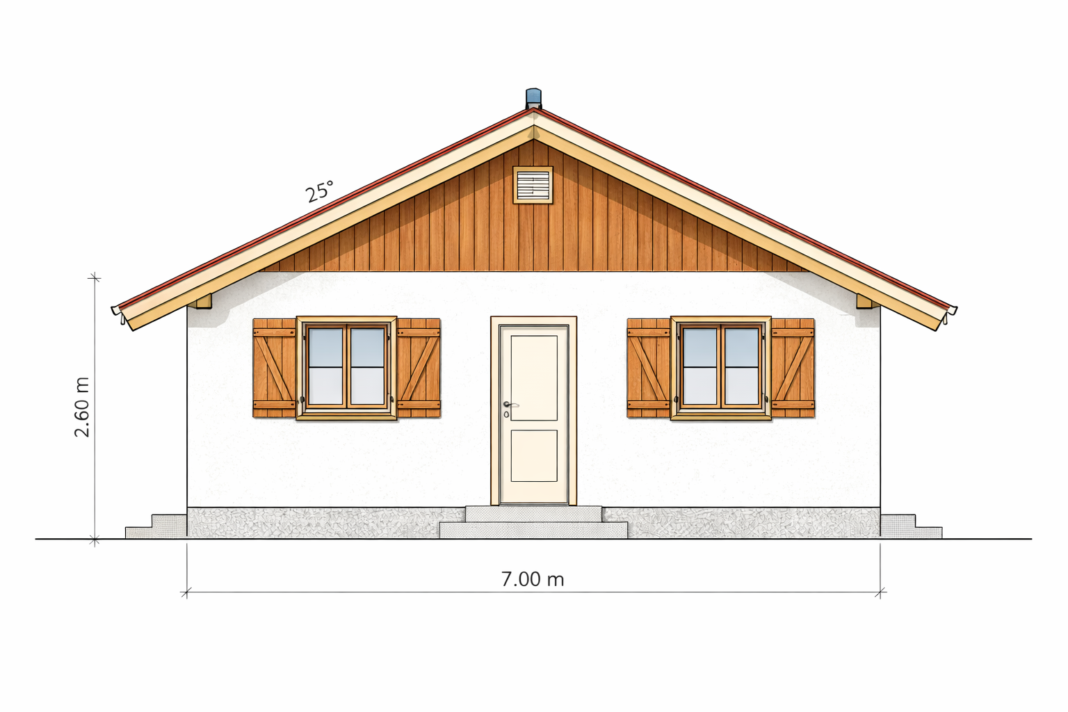 Front view of a house with a white exterior, wooden shutters on windows, a centered door, a stone foundation, a gable roof with a 25-degree pitch, and dimensions of 7 meters wide and 2.6 meters high.