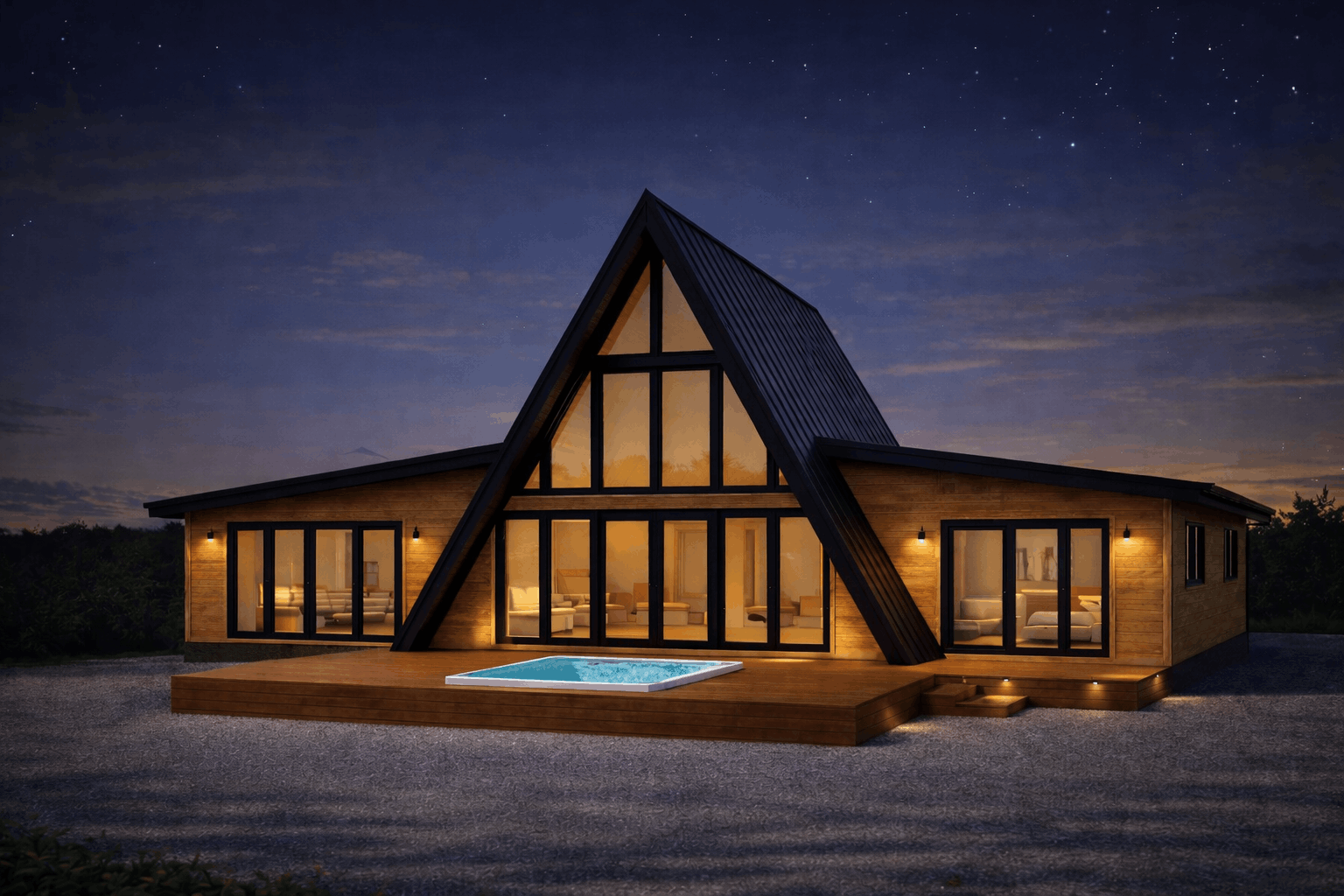 Modern A-frame house with large glass windows, wooden exterior, and a small pool outdoors, illuminated at night with a starry sky overhead.
