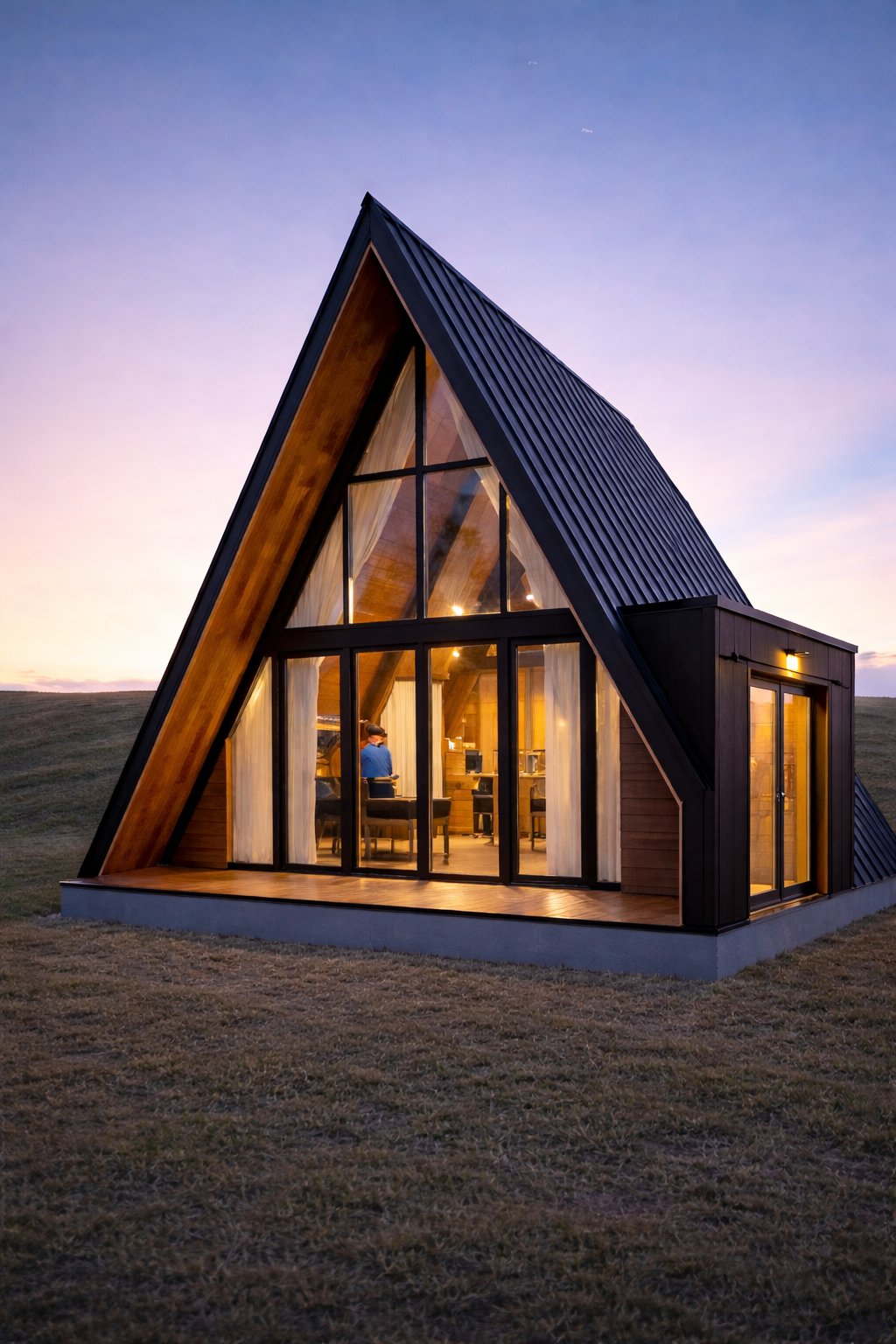 A modern A-frame house with large glass windows and wooden interior, illuminated from inside during dusk, situated on a grassy area.