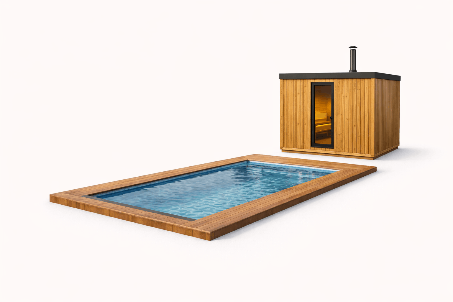 A wooden outdoor hot tub with a clear glass door, situated next to a small rectangular pool with a wooden border.