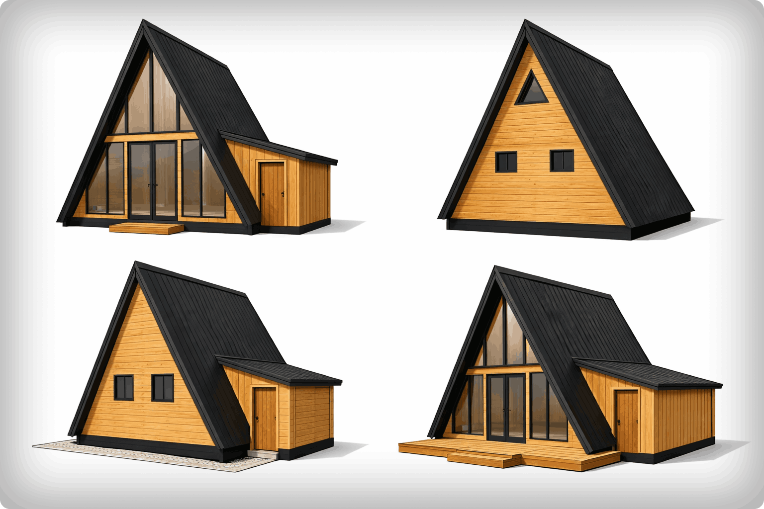 Four modern A-frame houses with black roofs and wooden exteriors, shown from different angles.