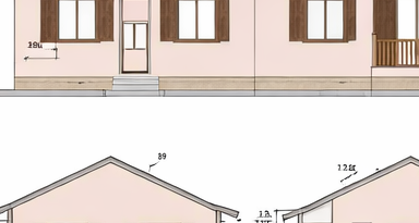 Architectural drawing of a building elevation with windows, door, and roof details.