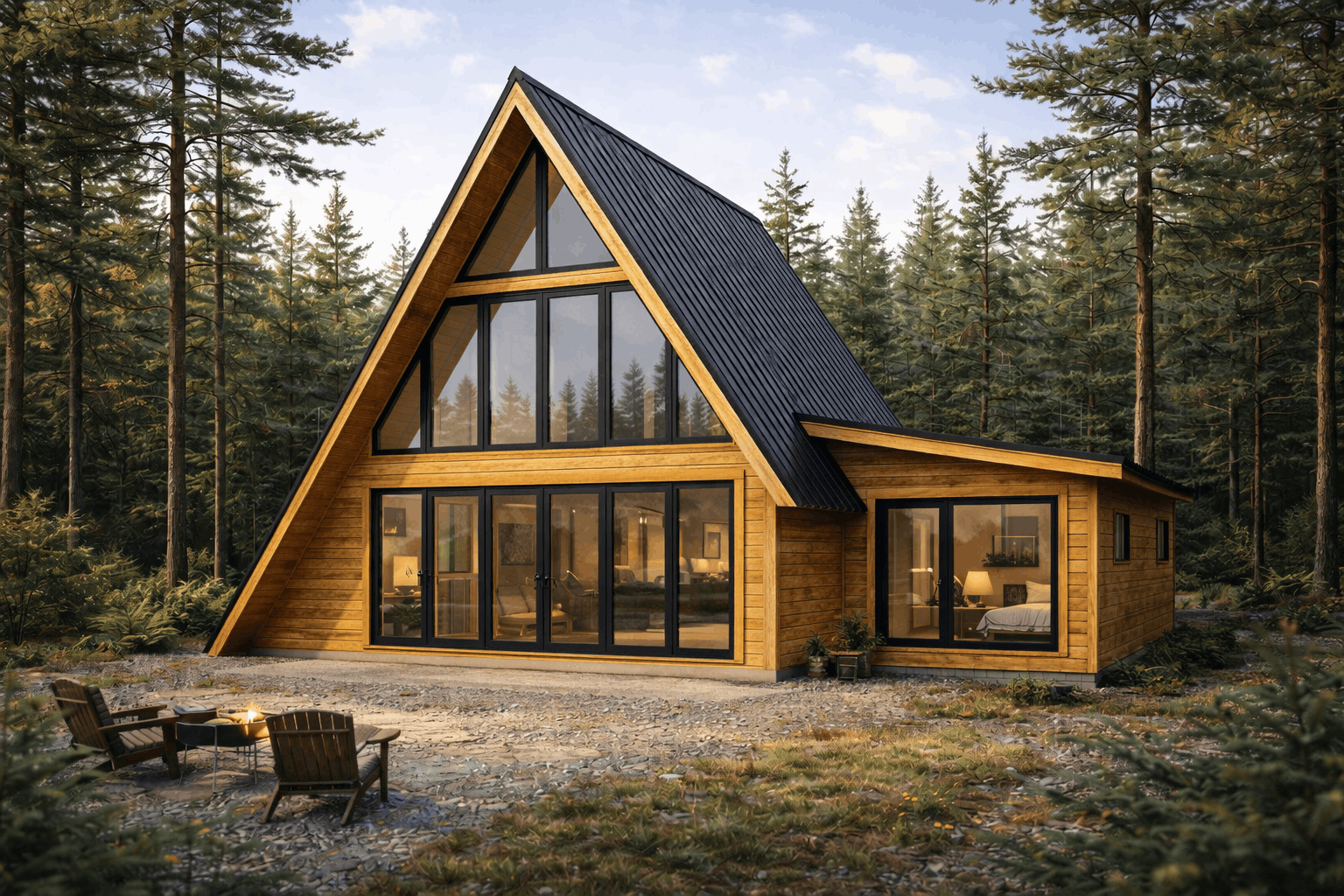 A modern A-frame cabin with large glass windows and wooden exterior in a forest setting, with outdoor seating and a fire pit.