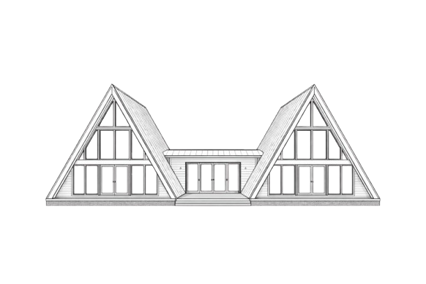 Drawing of a modern A-frame house with large windows, a central entrance, and a flat roof section in the middle.