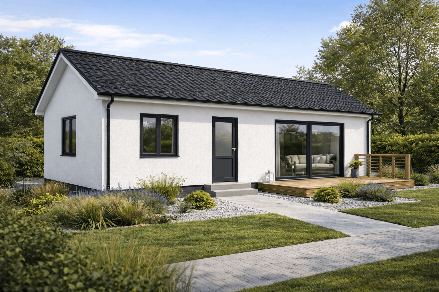 Modern white house with black roof, black window frames, front porch with steps, and a backyard patio with outdoor seating, surrounded by landscaped yard and trees.