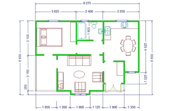 Floor plan of a house with a bedroom, bathroom, kitchen, dining area, living room, and entryway, with dimensions labeled.