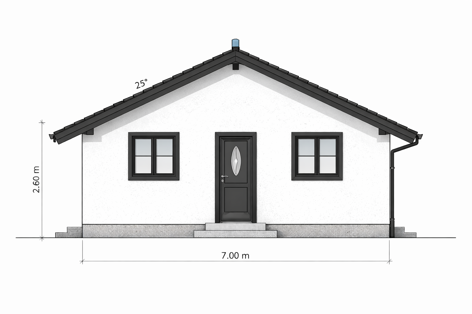 Front view of a small house with white exterior walls, black window frames, a black door with an oval window, and a gable roof with dark tiles, on a concrete foundation with steps.