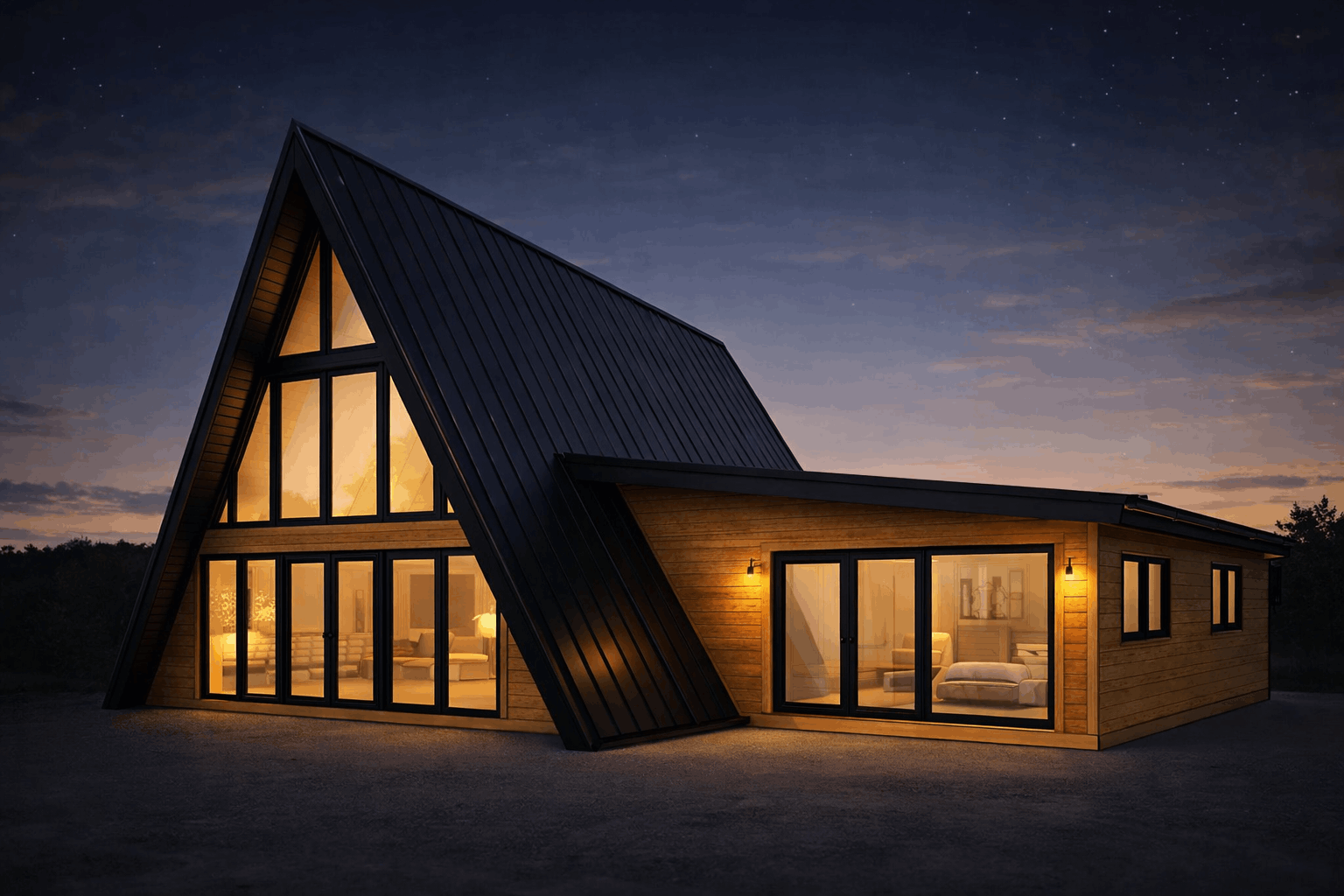 A modern A-frame house with large windows and warm interior lighting, set against a twilight sky.