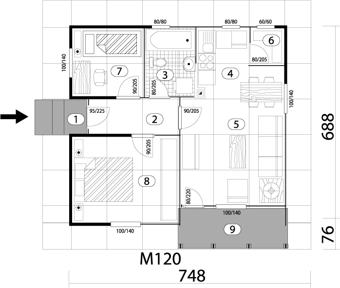 Floor plan of a house with numbered rooms including bedrooms, bathroom, kitchen, living room, and outdoor patio.