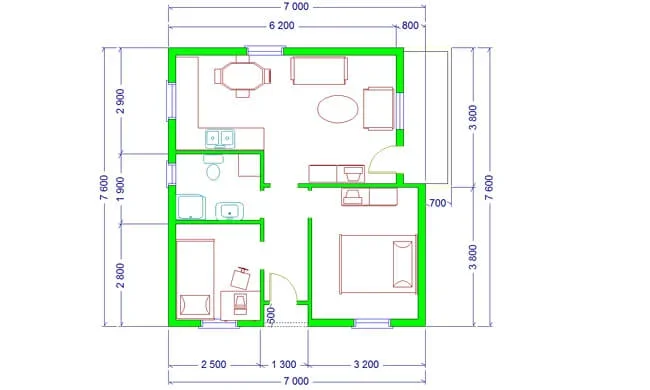 Floor plan of a house with dimensions, showing rooms separated by walls, with furniture like beds, sofas, and a dining table.