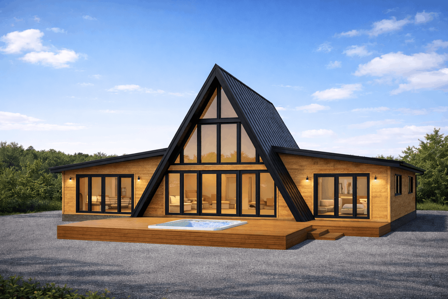 Modern house with A-frame design, large glass windows, wooden exterior, outdoor deck with a small pool, set against a backdrop of greenery and blue sky.