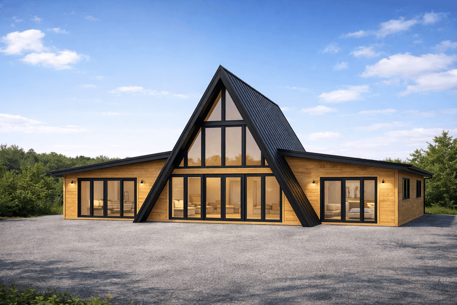 Modern A-frame house with large glass windows and wooden siding, surrounded by trees and a gravel area under a blue sky with scattered clouds.