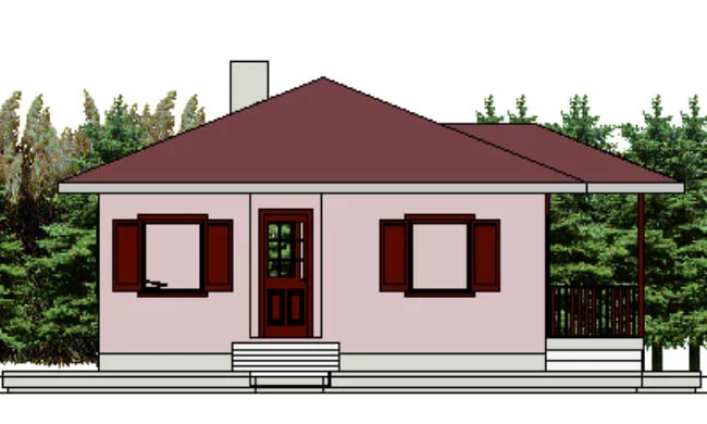 A simple, single-story house with pink exterior walls, brown window shutters, and a brown roof, surrounded by green trees.