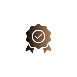 A digital icon of a badge with a checkmark in the center, indicating certification or approval.