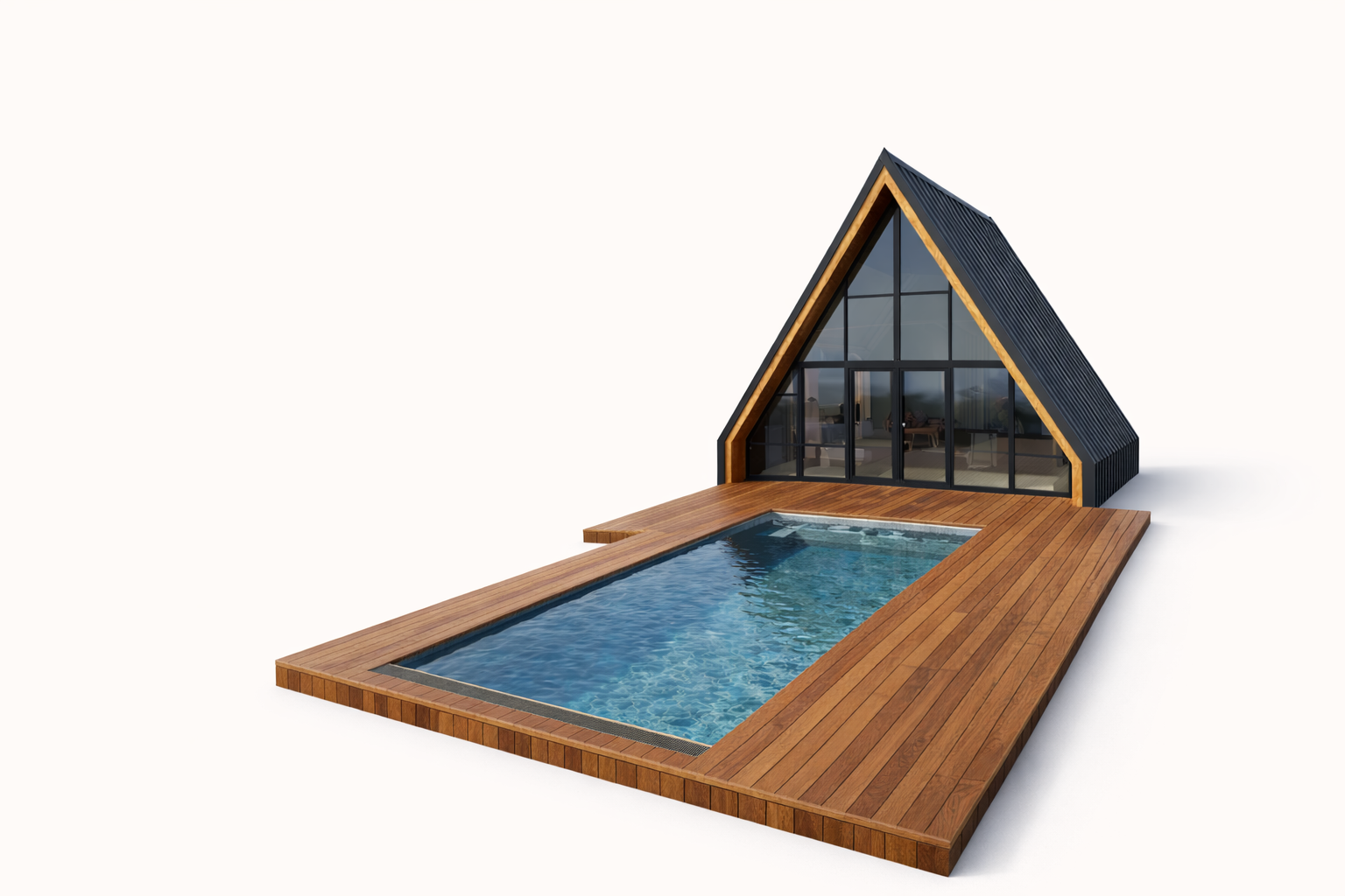 Modern A-frame house with large glass windows, black exterior, wooden deck, and in-ground swimming pool.