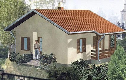 A small house with a red tiled roof, white walls, and a porch, surrounded by greenery, with a person standing outside by the entrance.