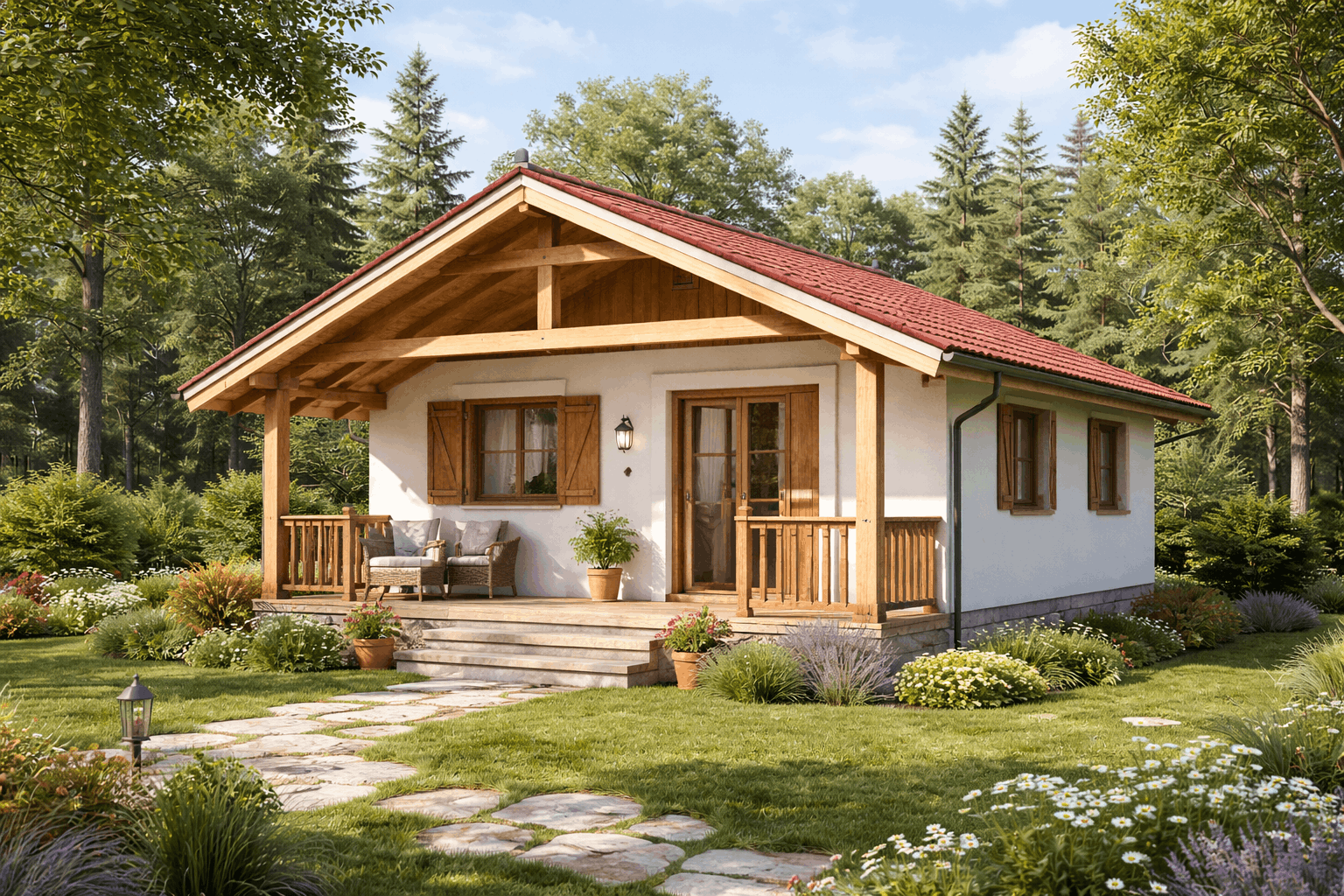 A cozy house with a white exterior, wooden accents, and a red tiled roof, surrounded by a lush garden and trees.