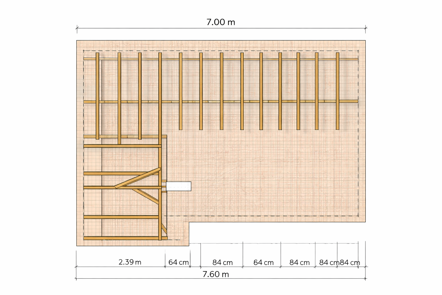 Floor plan of a building or room with measurements, showing wooden framing and a grid background.