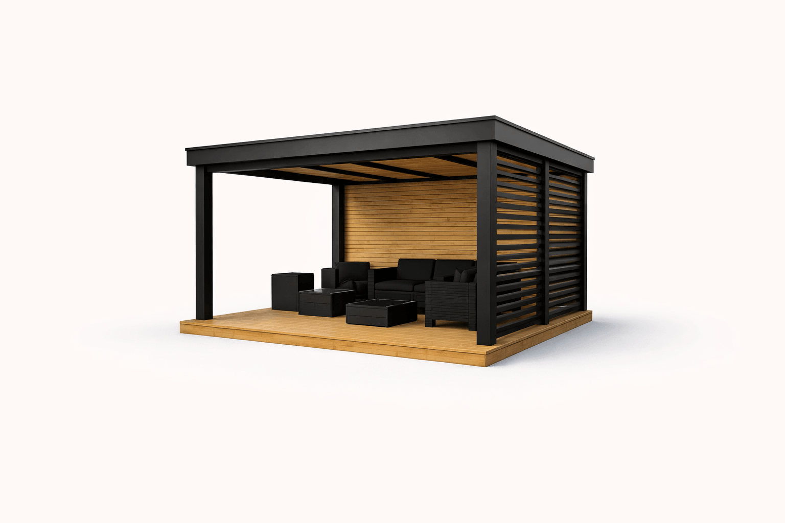 Modern outdoor patio with black seating and wooden flooring, with a slatted wooden wall and black roof.