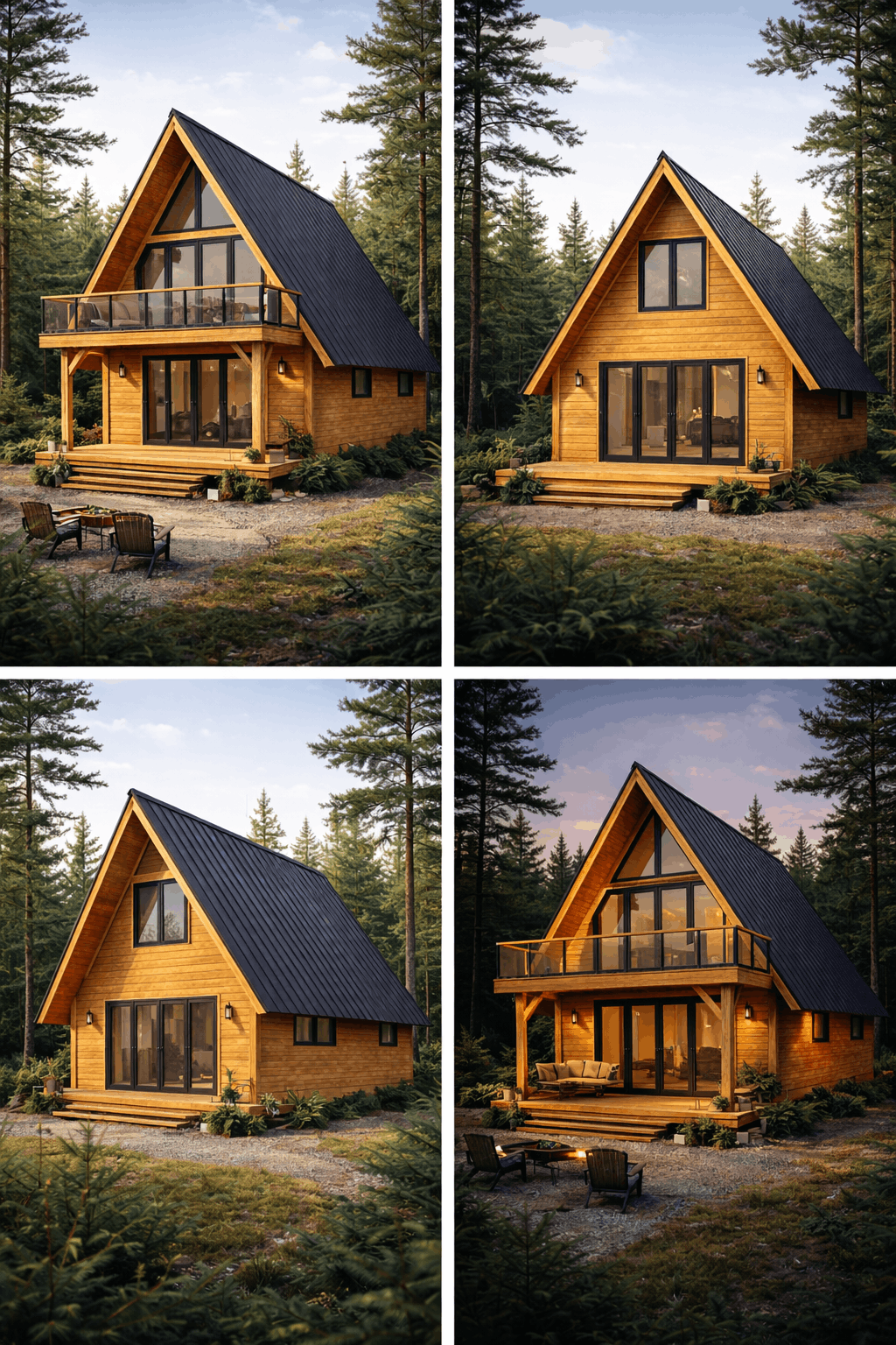 A modern A-frame wooden house situated in a forested area with various lighting conditions, featuring large glass windows and a balcony.