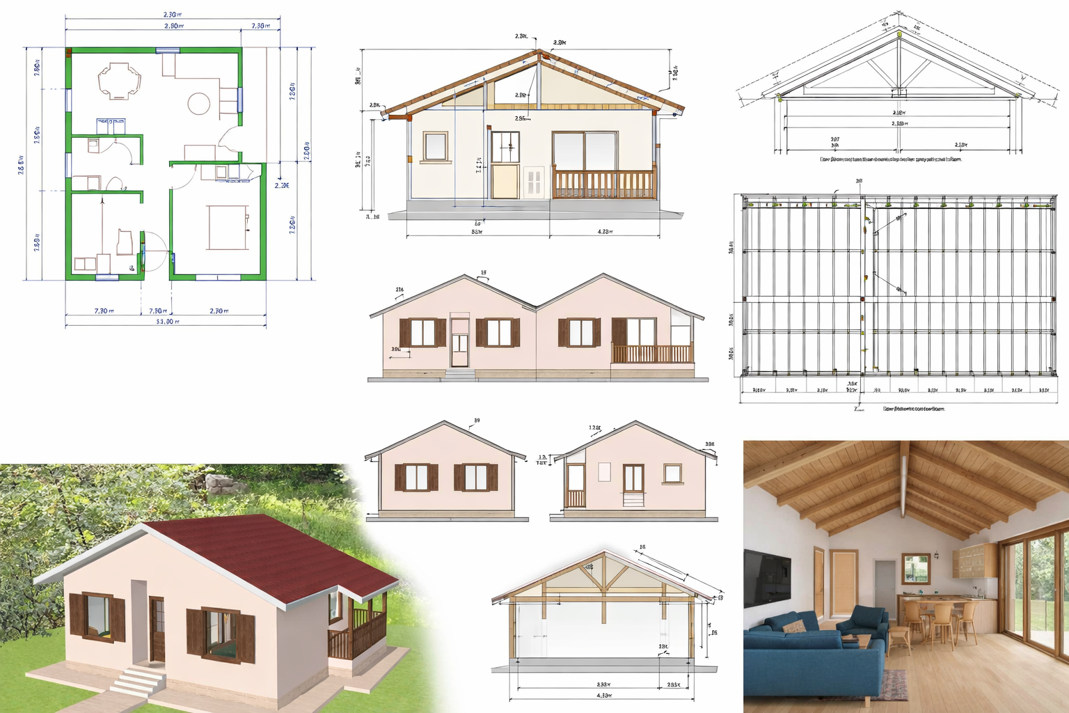 Architectural drawings and 3D renderings of a small house. Includes floor plans, elevations, roof framing, and interior photos showing a wooden ceiling, large windows, and garden outdoor space.
