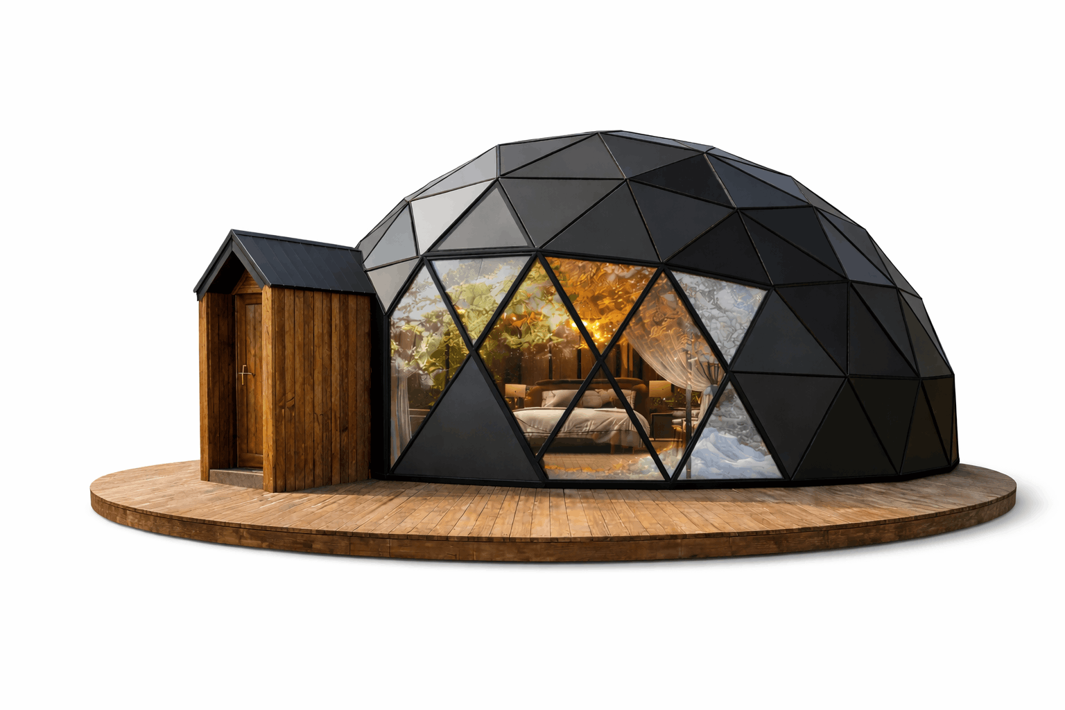 A modern geodesic dome with a wooden entrance and interior warm lighting, placed on a round wooden platform.