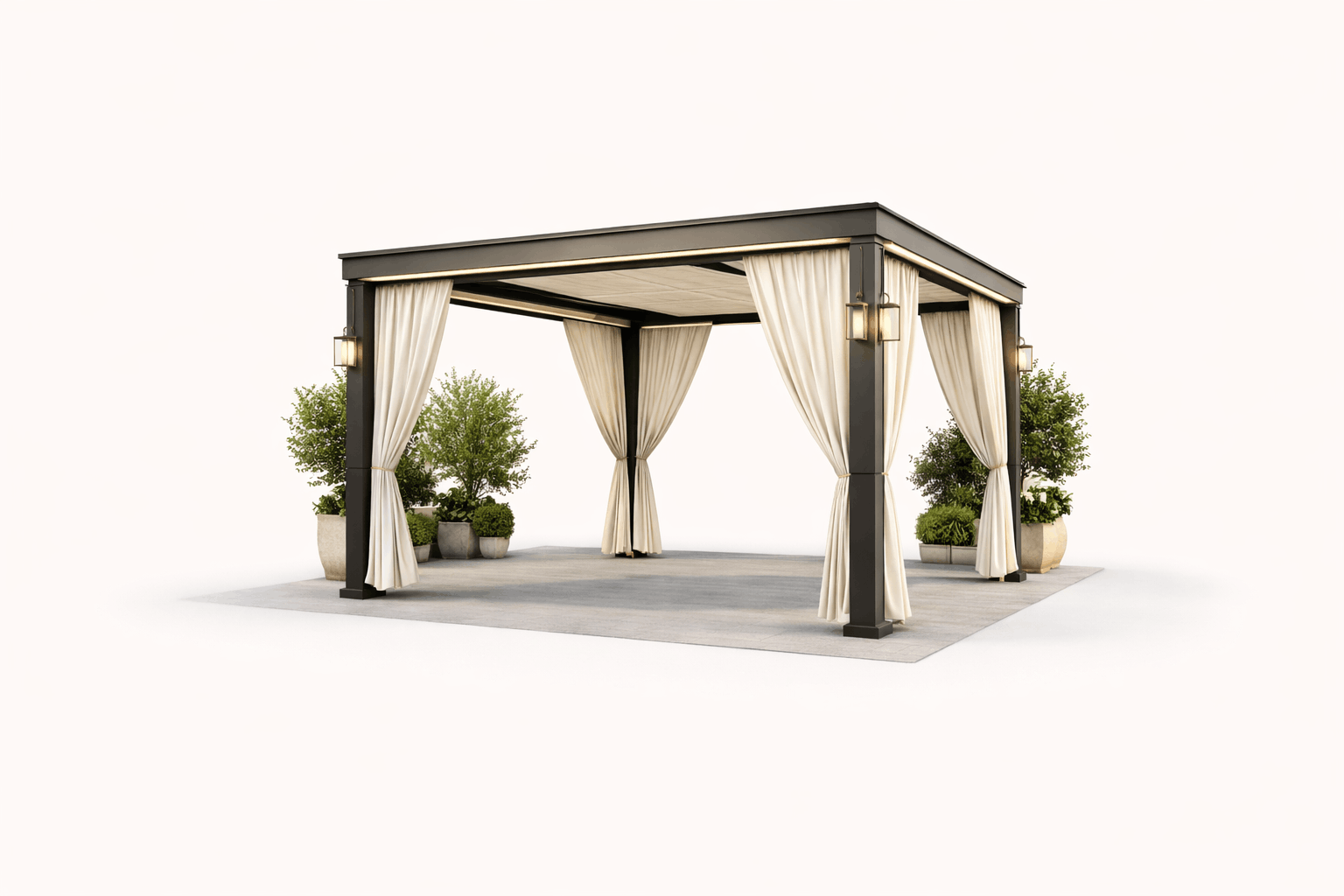 Outdoor pergola with cream curtains and potted green plants on a gray mat.