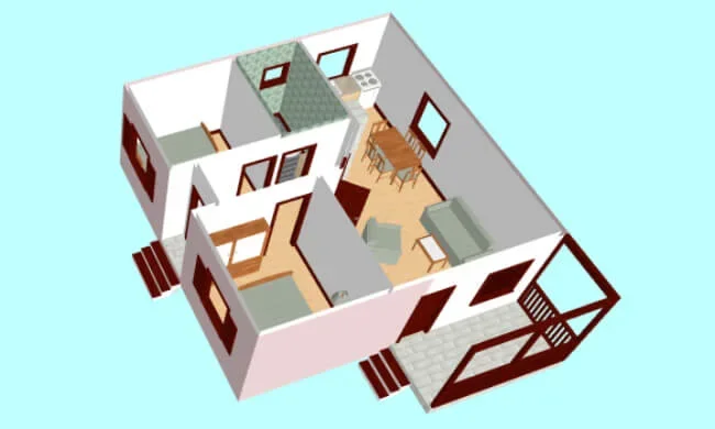 3D floor plan of a house showing a living room, dining area, kitchen, bedrooms, and bathrooms with stairs leading to an outdoor deck.